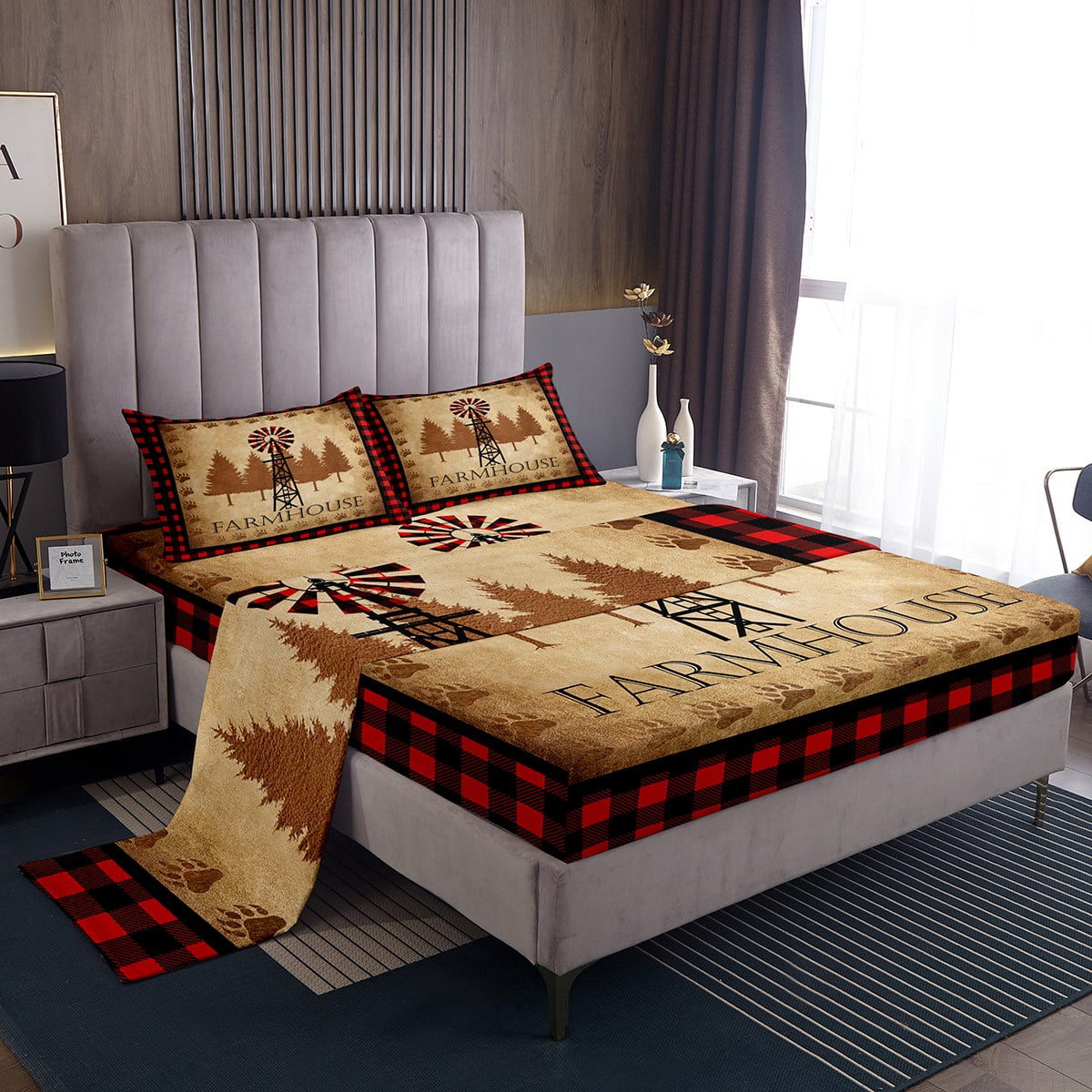 YST Vintage Windmill Bed Set Red Checkered Grid Bed Sheets Set, Brown