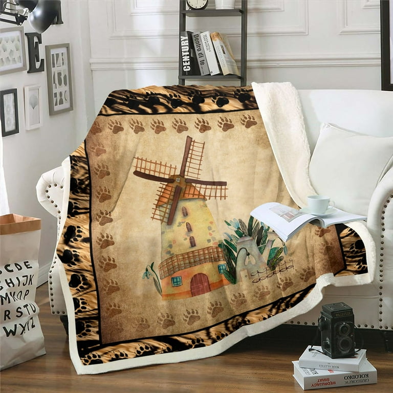 YST Vintage Windmill Blanket Retro Brown Grunge Throw Blanket for Bed Cow Print Cowhide Fleece Blanket Rustic Lodge Cabin Farmhouse Sherpa Blanket