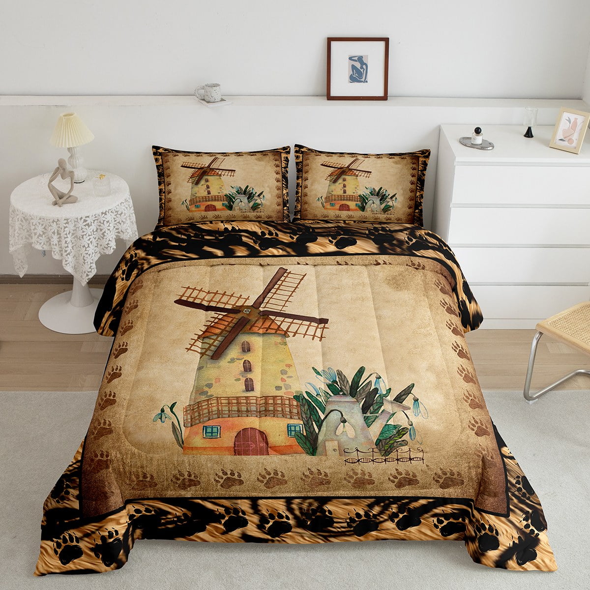 YST Vintage Windmill Comforter Set Queen Retro Brown Grunge Bedding Set