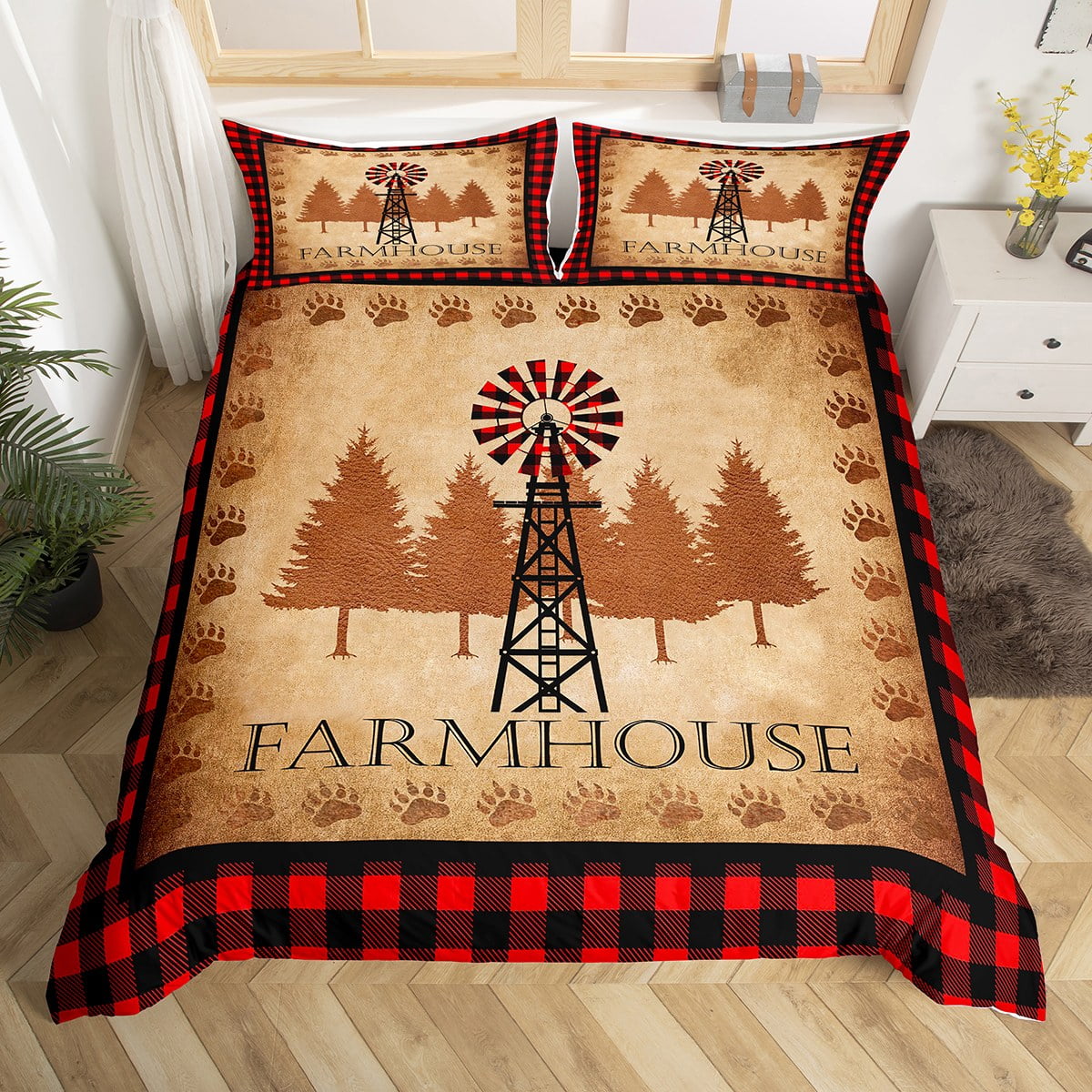 YST Vintage Windmill Duvet Cover Twin Red Checkered Grid Bedding Set