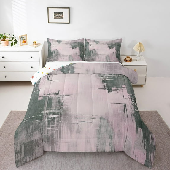 Watercolor Comforter Set Twin Size,Modern Abstract Bedding Set Teens,Light Pink Gray Quilt Bed Set,Grunge Brush Pastel Aesthetic Down Comforter,2 Piece