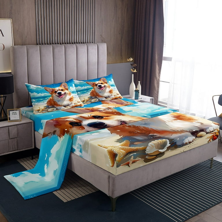 YST Watercolor Corgi Dog Full Sheet Set For Kids Toddler Sea Ocean Beach Bed Sheets Set White Seashell Bed Set Hand Drawn Fitted Sheet Boys Girls Dog