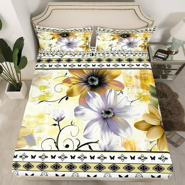 YST Watercolor Daisy Bedding Twin Size Chic Flower Floral Bed Sheets for Girls Women, Tribal Aztec Stripe Fitted Sheet Ombre Gradient Bed Set, Mid Century Sheet (Deep Pocket)（No Top Sheet）