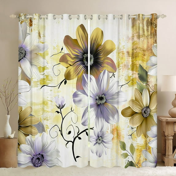 Watercolor Daisy Curtains & Drapes Chic Flower Floral 30%-50% Blackout Curtains Women, Watercolor Oil Painting Curtains Ombre Gradient Black Out Curtains, Mid Century Window Drapes