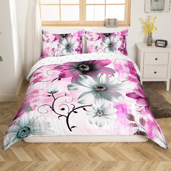 Erosebridal Watercolor Daisy Duvet Cover King Size Chic Flower Floral Bedding Set Women, Watercolor Oil Painting Comforter Cover Ombre Gradient Bed Set, Pink Bedroom Set