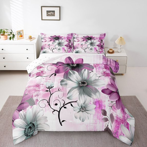 Watercolor Daisy Full Bedding Sets Chic Flower Floral Comforter Set Women, Watercolor Oil Painting Down Comforter Ombre Gradient Bedding Comforter Sets, Pink Duvet Insert
