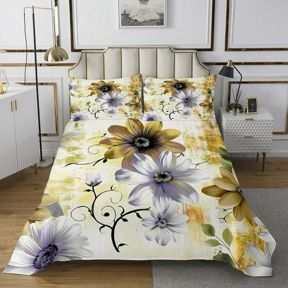 YST Watercolor Daisy Queen Bedspread Set Chic Flower Floral Quilt Set for Girls Women, Watercolor Oil Painting Coverlet Set Ombre Gradient Bedding Set, Mid Century Bed Cover