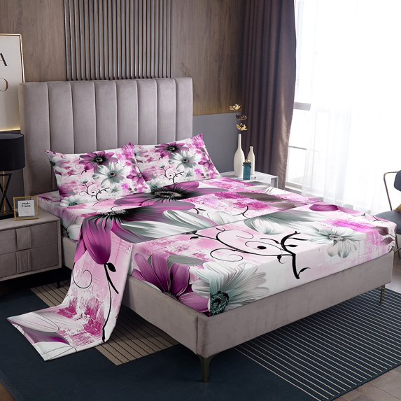 Watercolor Daisy Sheet Set Chic Flower Floral Bed Sheets Set Women, Watercolor Oil Painting Bedding Full Size Ombre Gradient Sheets, Pink Top Sheet