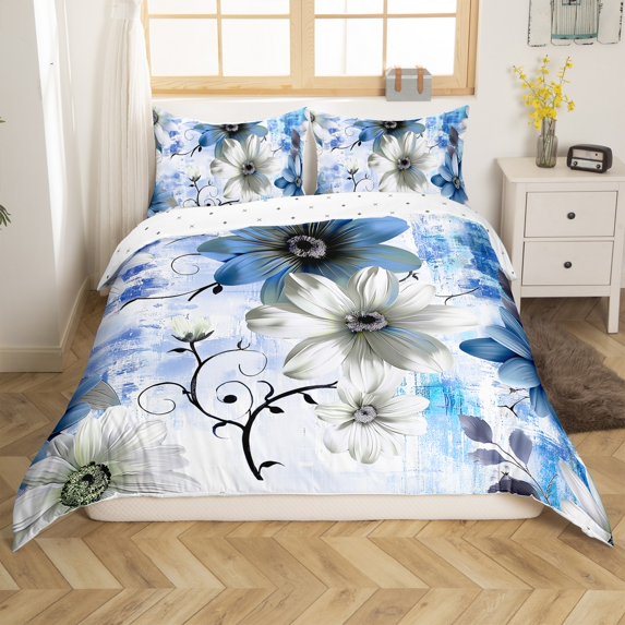Erosebridal Watercolor Daisy Duvet Cover Chic Flower Floral Bedding Set Women, Watercolor Oil Painting Bed Set Ombre Gradient Comforter Cover, Navy Blue Bedspread Cover
