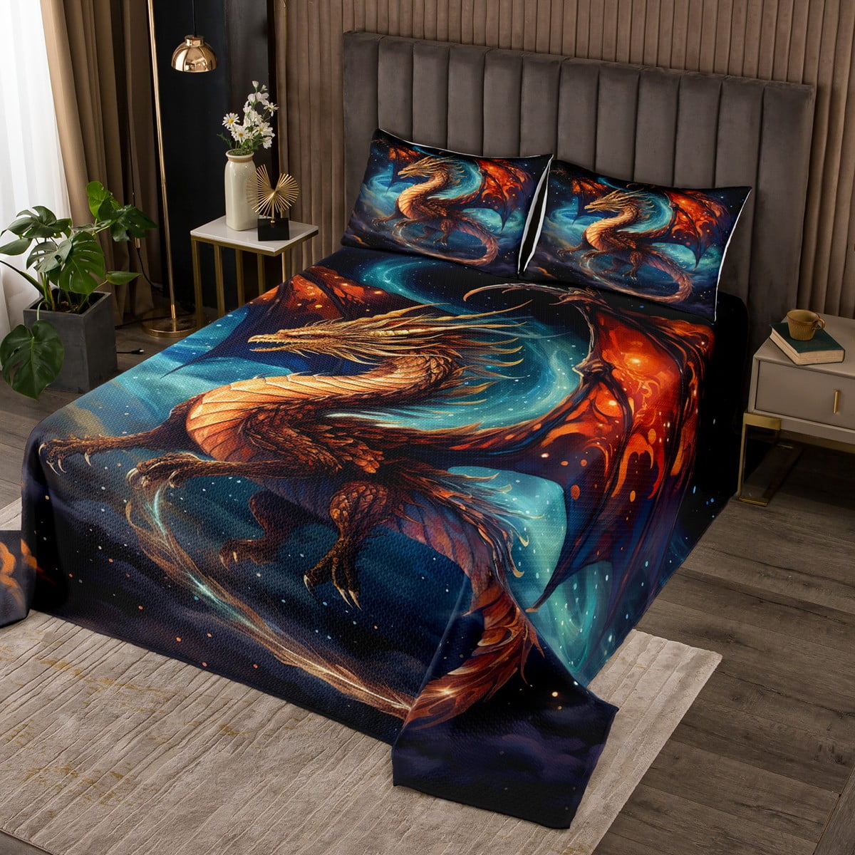 YST Watercolor Dragon Bedspread Twin Size for Boys Girls Gradient Red
