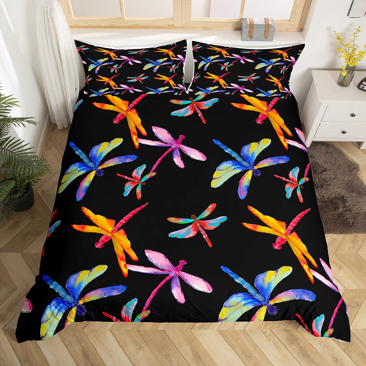 YST Watercolor Dragonfly Bedding Sets Twin Pink Orange Blue Black