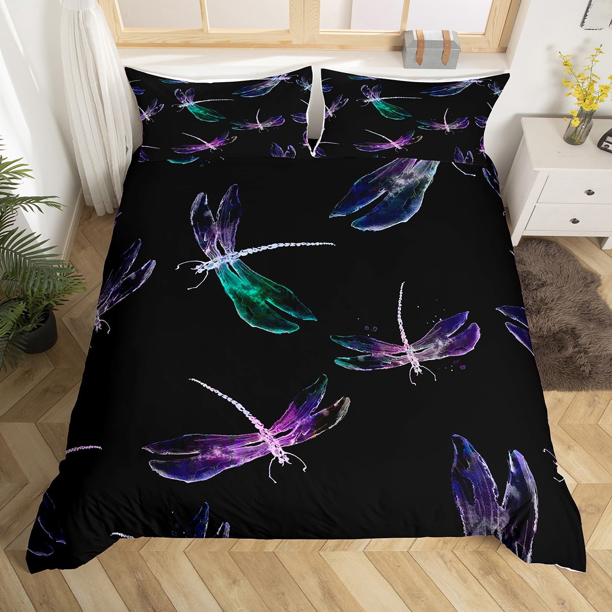 YST Watercolor Dragonfly Comforter Cover Neon Dragonflies Bed Set