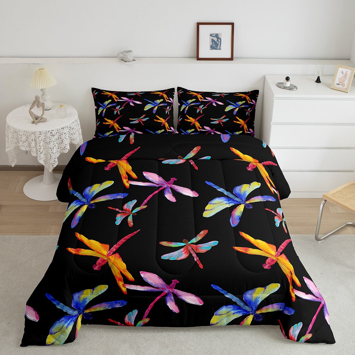 Yst Watercolor Dragonfly Comforter Set Queen Pink Orange Blue Black Bedding Set Kawaii Wildlife 0533