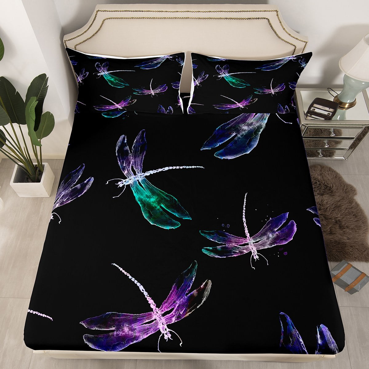 YST Watercolor Dragonfly Full Sheets Neon Dragonflies Bed Sheets, Black