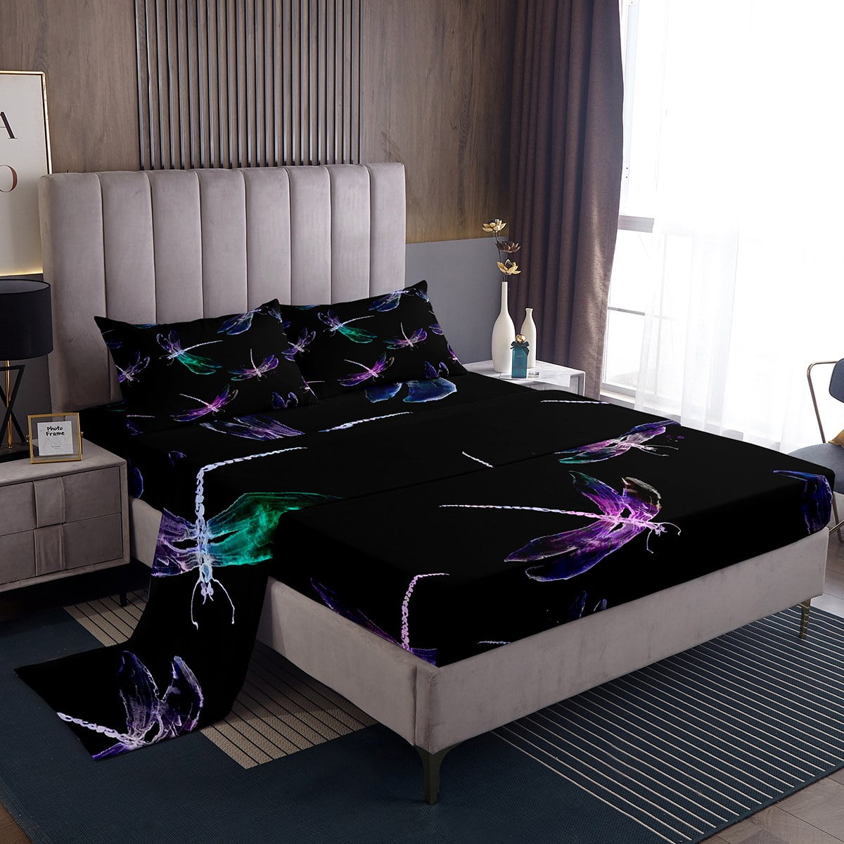 YST Watercolor Dragonfly Twin Sheet Set Neon Dragonflies Sheets, Black