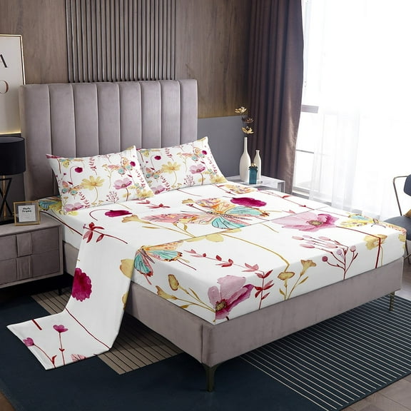 YST Watercolor Floral Butterfly Bed Sheets Full, Hot Pink Flower Sheet Set For Kids Teens Adult Women, Rustic Farmhouse Fitted Sheet Plant Branches Pastoral Bed Set, 2 Pillow Cases