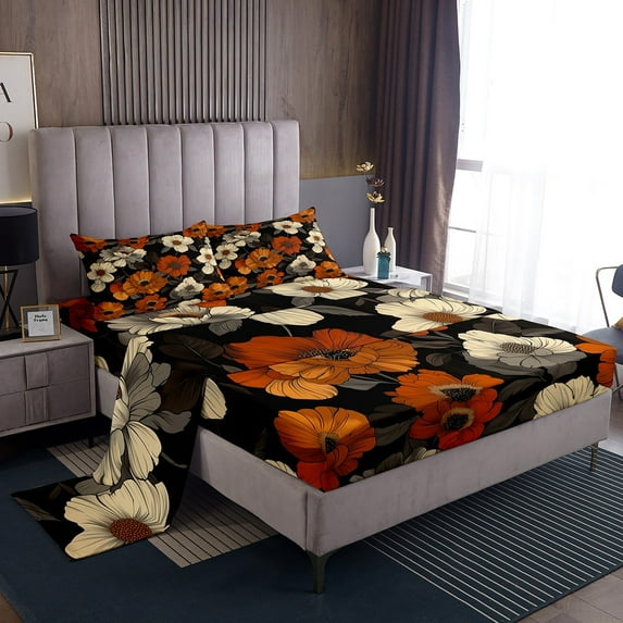 Erosebridal Watercolor Floral King Size Sheet Sets Red Beige Flower Sheets, Botanical Plant Theme Bedding Oil Painting Aesthetic Bed Sheets Set, Summer Tropical Leaves Fitted Sheet