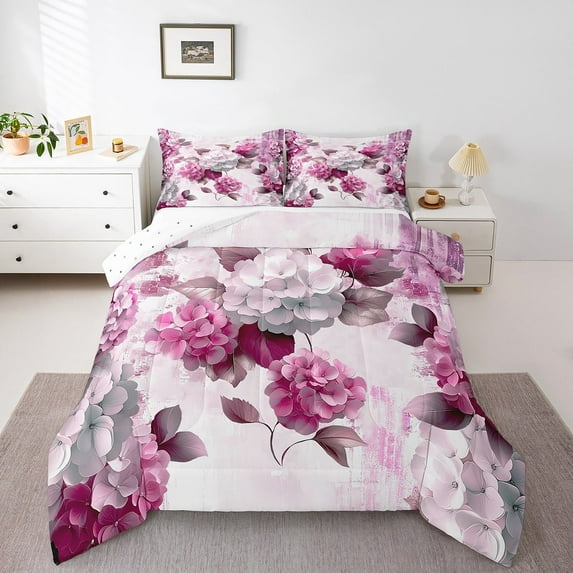 Watercolor Hydrangea Full Comforter Set Chic Flower Floral Bedding Set Full Women,Watercolor Oil Painting Bedding Comforter Sets Ombre Gradient Duvet Set,Pink Quilted Comforter