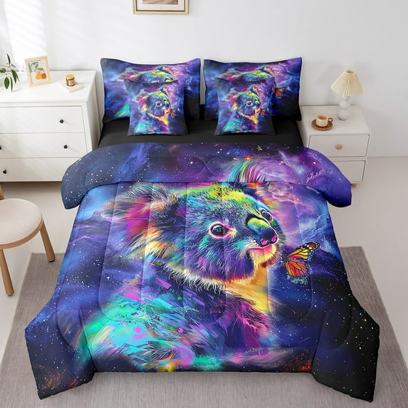 Erosebridal Watercolor Koala Bed in a Bag 7pcs Purple Navy Blue Bedding Set, Woodland Wildlife Twin Size Comforter Set Cute Animal Bedding Comforter Sets, Glitter Stars Galaxy Bed Set