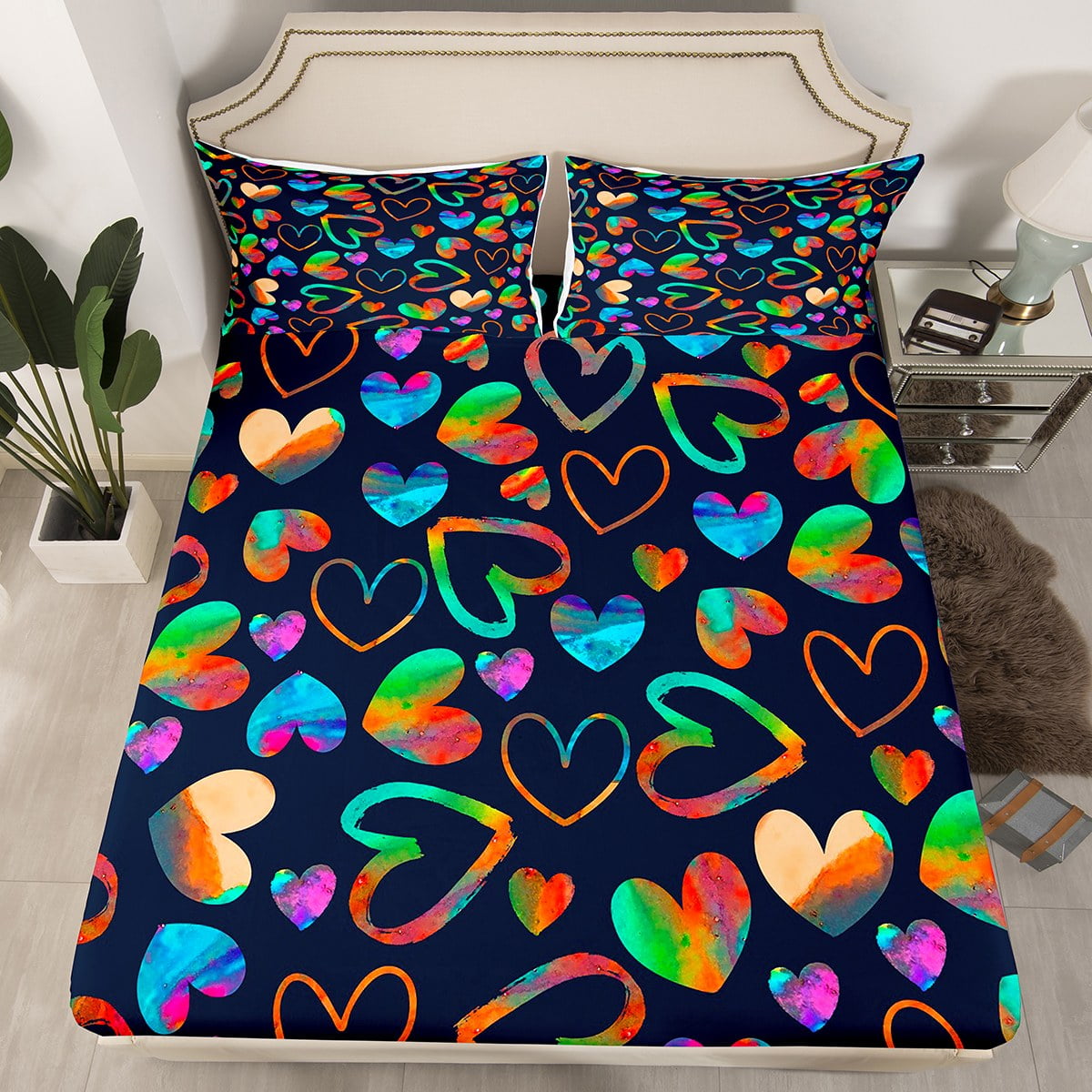 YST Watercolor Love Heart Bed Sheets Rainbow Tie Dye Fitted Sheet Full