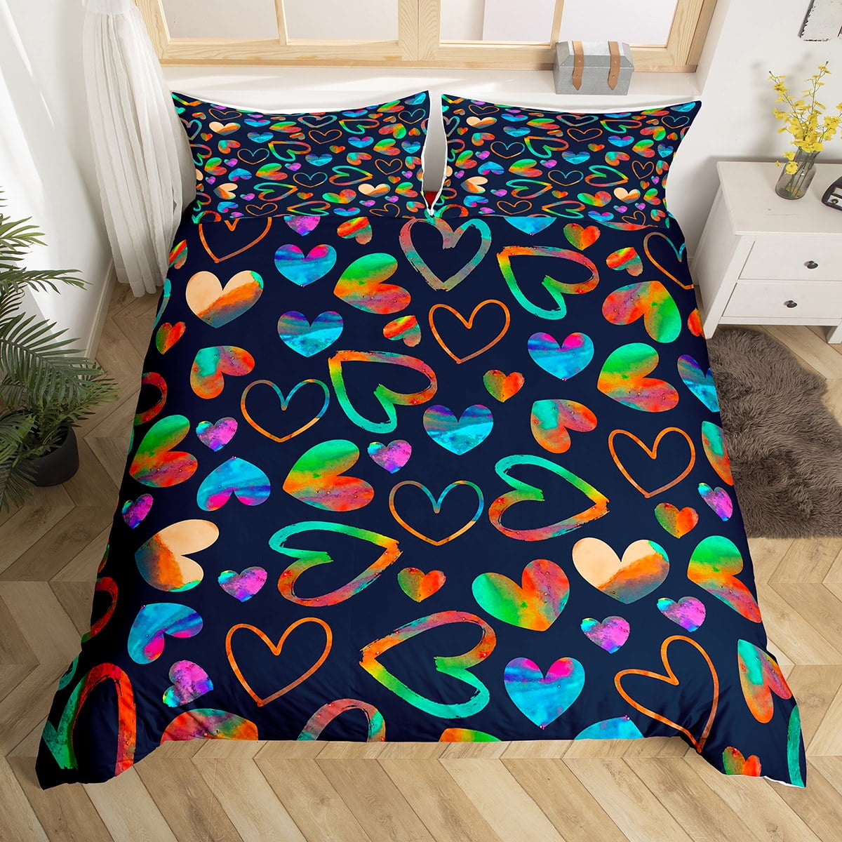 YST Watercolor Love Heart Comforter Cover Rainbow Tie Dye Bed Set
