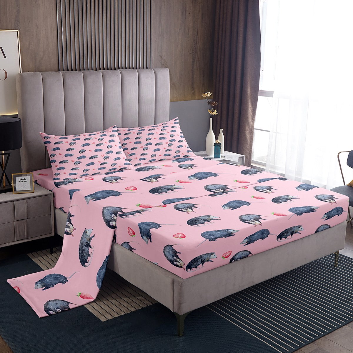 YST Watercolor Opossum Bed Set Girls Pink Bed Sheets Set, Kawaii ...