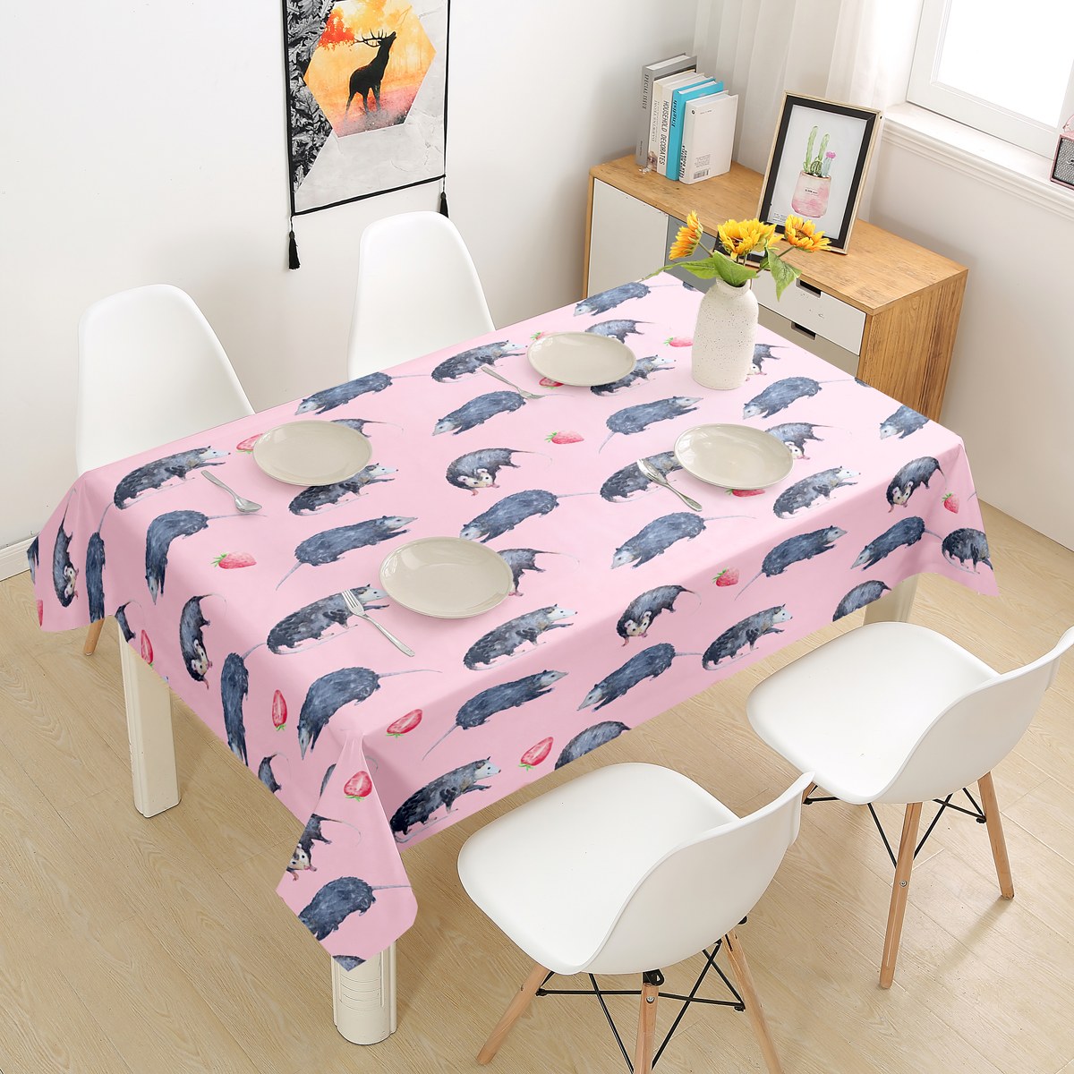 YST Watercolor Opossum Table Cover Girls Pink Tabletop, Kawaii