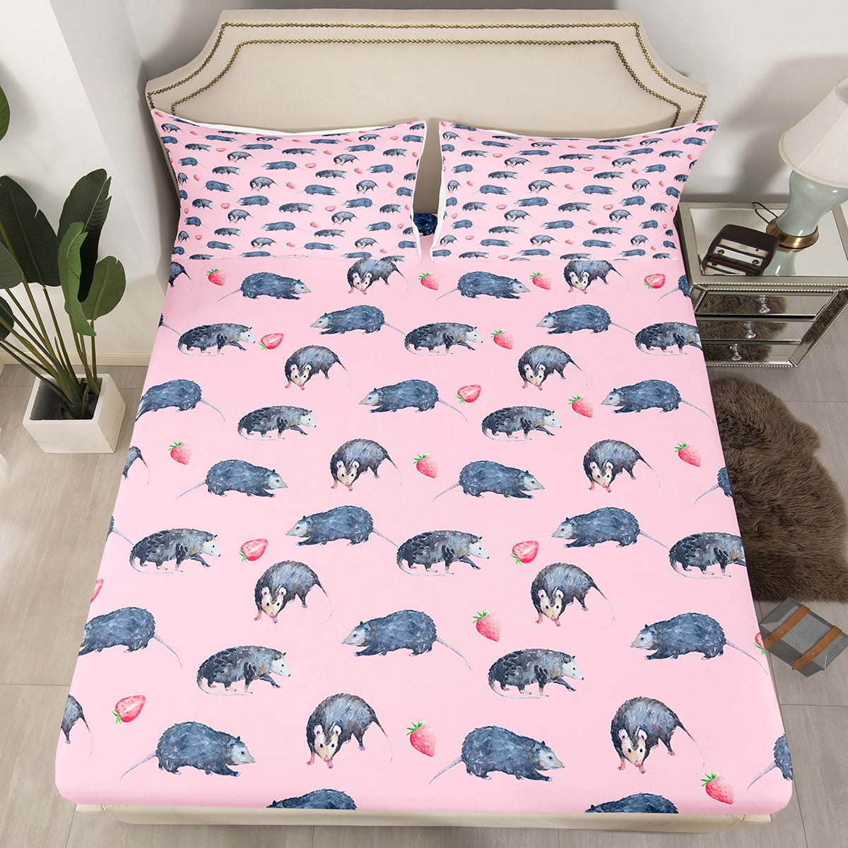 YST Watercolor Opossum Twin Sheets Girls Pink Bed Sheets, Kawaii