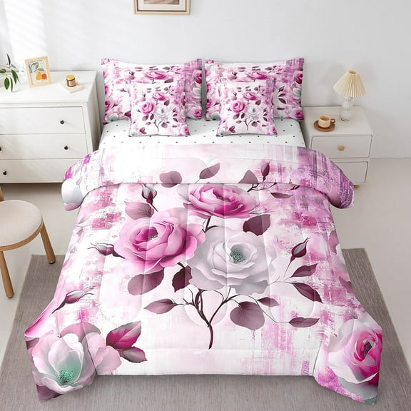 Watercolor Rose King Comforter Set 7 Pieces Chic Flower Floral Bedding Comforter Sets Women,Watercolor Oil Painting Bed in a Bag Ombre Gradient Bedding Set,Pink Bed Sheets Set
