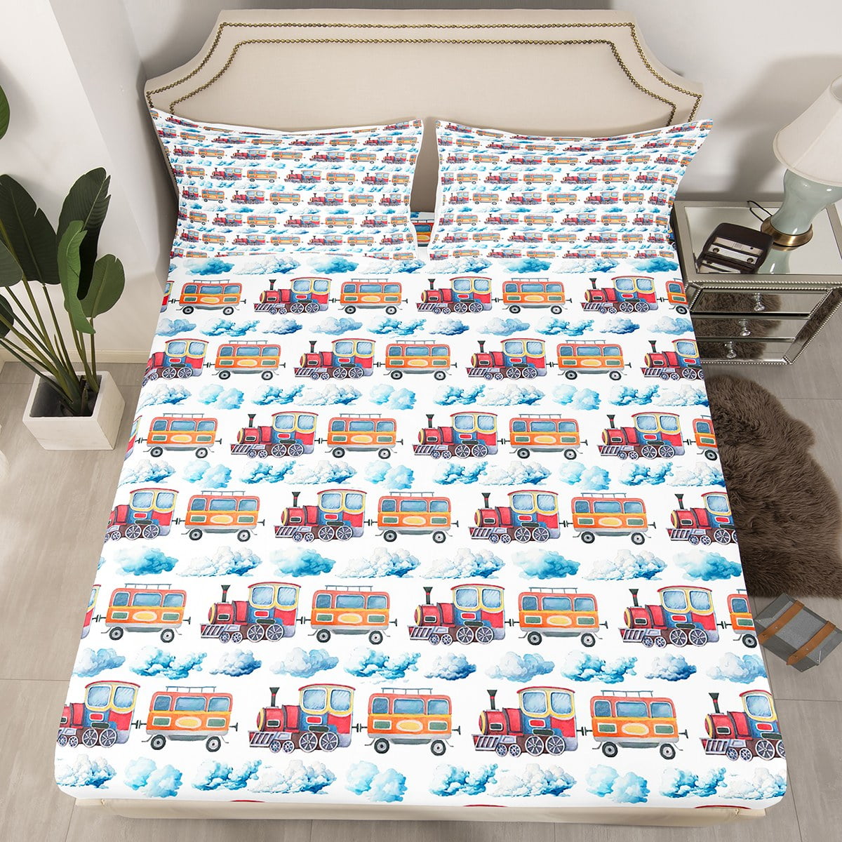YST Watercolor Steam Engine Twin Sheets for Boys Girls Cartoon Train