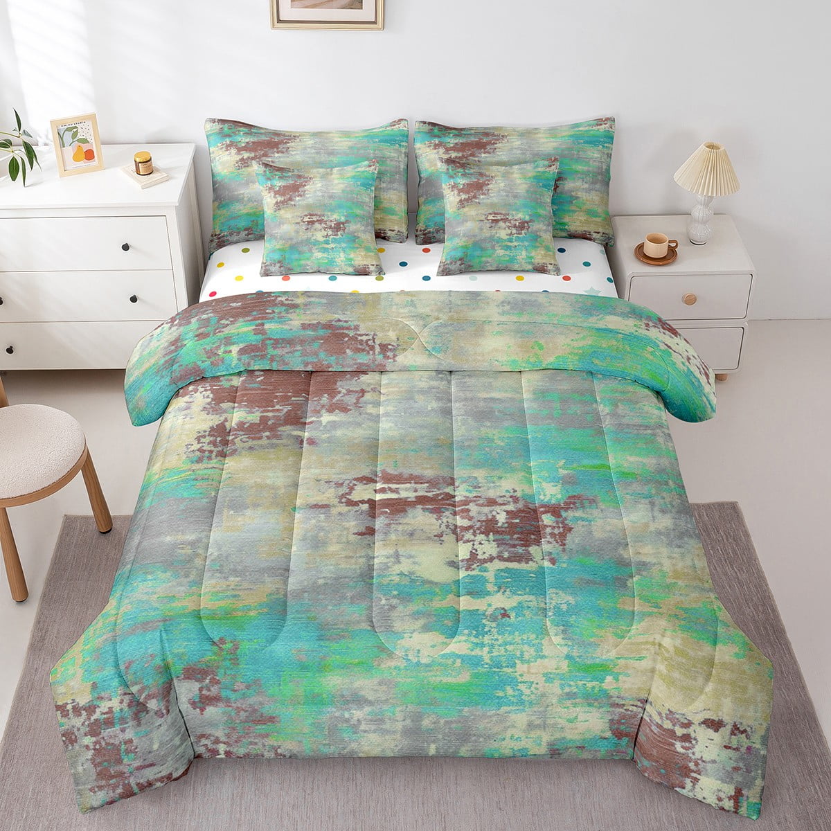 YST Watercolor Teal Comforter Set 7 Pcs,Modern Abstract Bedding Set for
