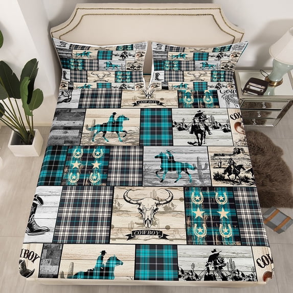 Western Bed Sheets Twin Boho Western Bedding Set Cowboy Fitted Sheet Bull Horse Cow Print Sheets Country Farmhouse Buffalo Plaid Check Decor Turquoise 1 Pillow Case