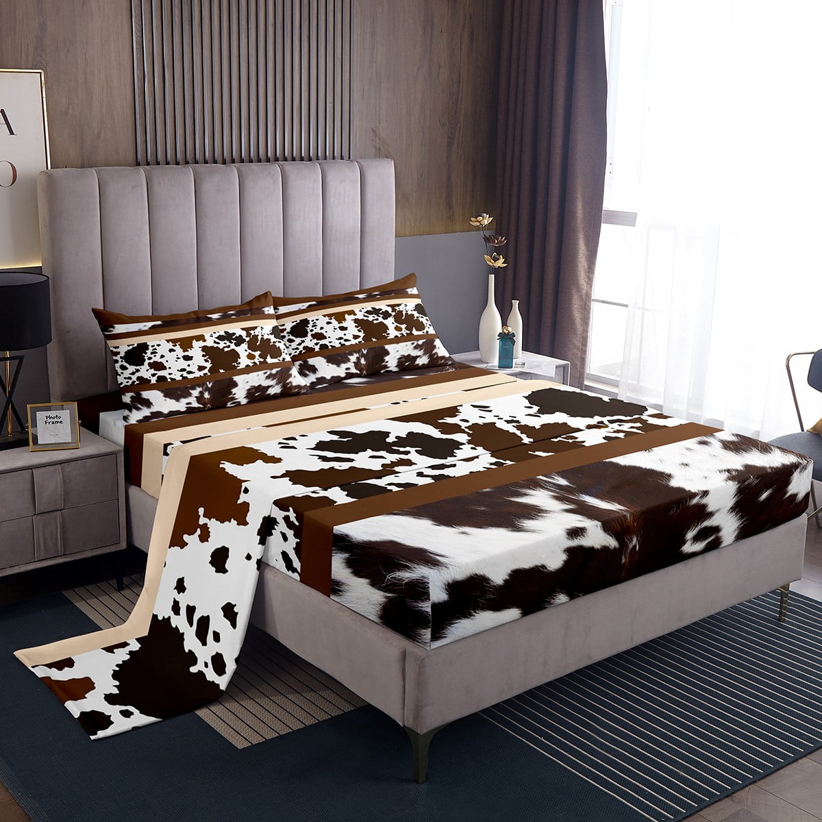 YST Western Bed Sheets Set Queen,Brown Cowhide Sheets Cow Print Sheet