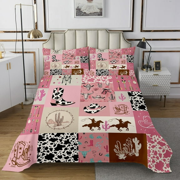 Western Bedspread Set Queen Western Cowgirl Boots Hat Decorations Coverlet Set, Boho Bull Skull Head Quilt Set Cute Milk Cow Print Cactus Bedding Set