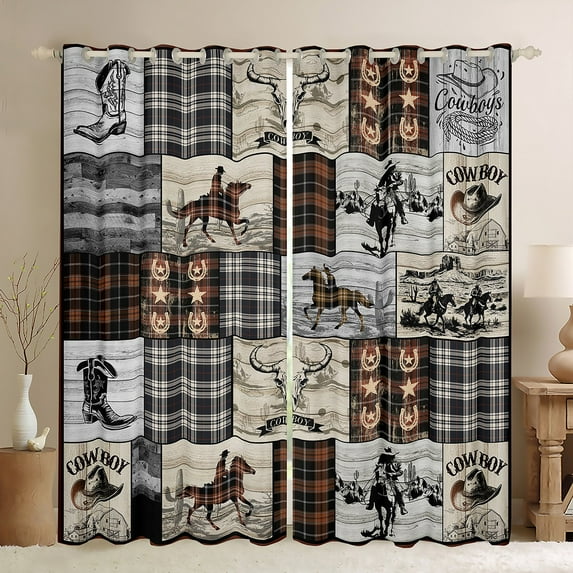 Western 30%-50% Blackout Curtains 52"Wx63"L Cowboy Curtains & Drapes Western Window Curtains Horse Cow Print Window Treatments 2 Panels Brown Country Farmhouse Buffalo Plaid Bedroom Decor