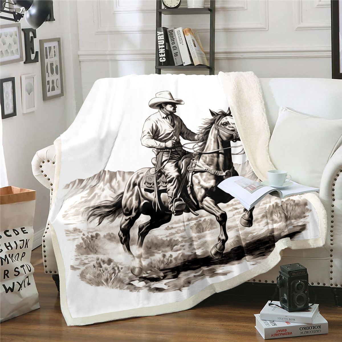 YST Western Blanket Queen Southwestern Cowboy Hat Fuzzy Blanket for Sofa Bedroom, Hand Drawn