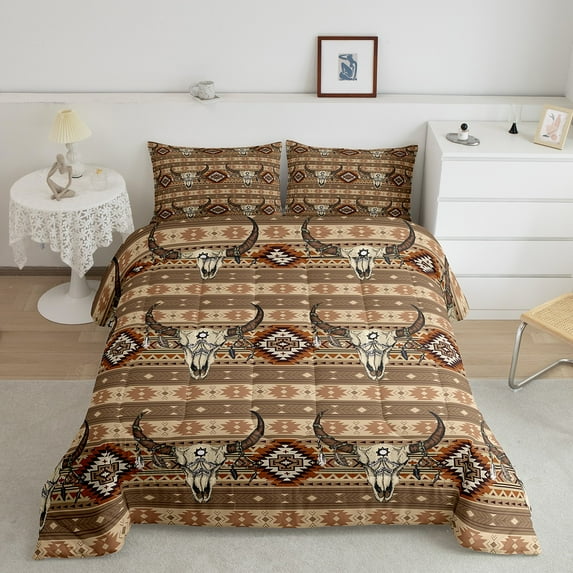 Western Boho Bedding Sets Queen Western Bull Skull Quilt Set Southwestern Aztec Comforter Set Native Tribal Dream Catcher Feather Bohemian Down Comforter Brown Geometric Pattern 3 Pcs