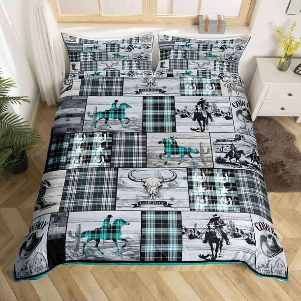 YST Western Boy Bedding Set Queen Kids Cowboy Horse Comforter Cover Teen Boho Western Bull Cow Print Duvet Cover American Wild West Bedspread Cover