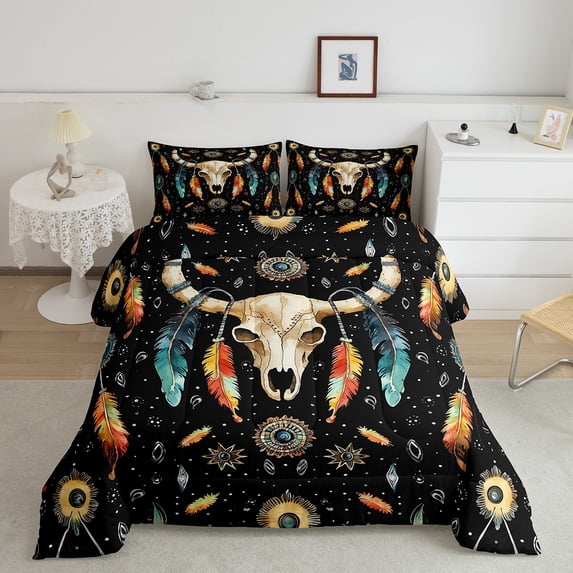 Western Bull Skull Bedding Set Boho Dream Catcher Feather Comforter Set King Bohemian Exotic Tribal Down Comforter Adults Men,Hippie Cattle Animal Quilt Duvet