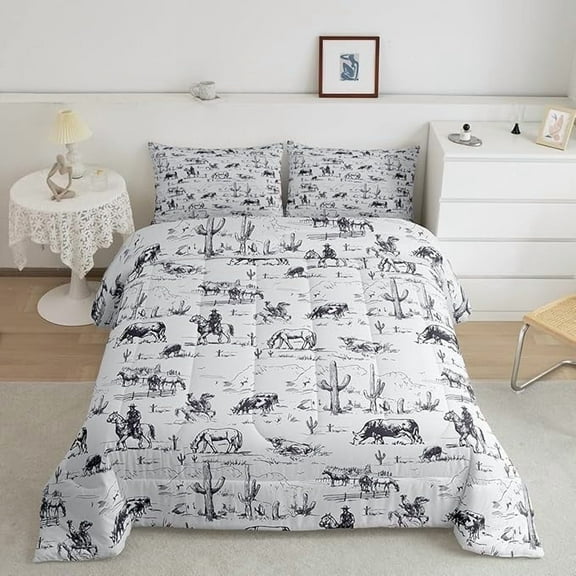 YST Western Comforter Set Twin Size, White and Black Cowboy Cow Bedding Set Cowboy Comforter Desert Cactus Duvet Set Soft Bed Set