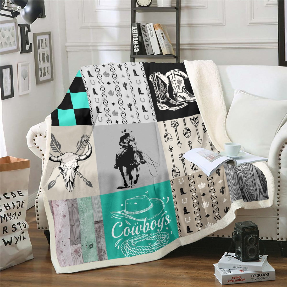 YST Western Cowboy Boys Fleece Blanket Queen 90"X90" Country Horse Cow