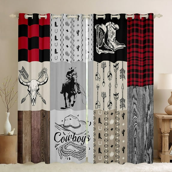 Erosebridal Western Cowboy Curtains Wild West Bull Horse 42"Wx90"L Curtains & Drapes For Bedroom Living Room Red Black Buffalo Plaid Window Curtains Country Farmhouse Boho Arrows Decor 2 Panels