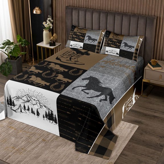 Western Cowboy Quilt Set Twin Size, Rustic Farmhouse Coverlet Set Teens Adult, Vintage Horseshoe Camping Bedspread Set Geometric Grid Plaid Bedding Set, 1 Pillow Case