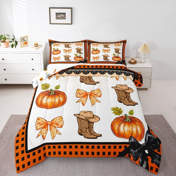 Western Cowgirl Comforter Set Queen,Cowboy Boots Hat Bedding Set Orange Plaid Bowknots Bedding Comforter Sets Bedroom Decor,Pumpkin Fall Harvest Quilt Duvet 3 Pcs