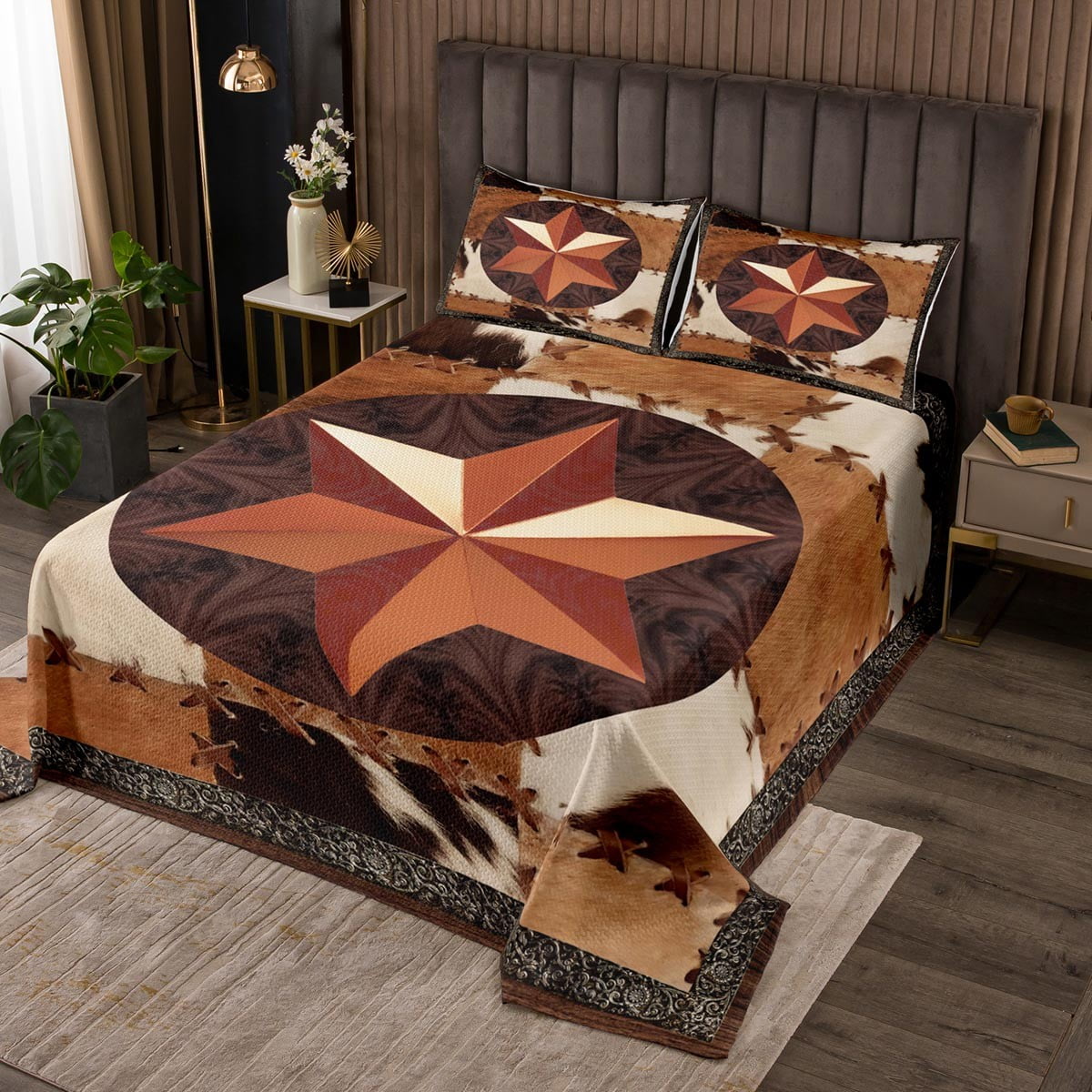 YST Western Cowhide Quilt Set Queen,Rustic Texas Star Bedspread Set for