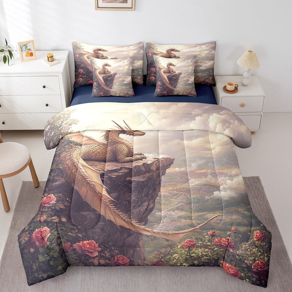Erosebridal Dragon Nebula Comforter Set - Twin Size, Blue Red Space Design, Quilted Duvet & Pillowcase, Trippy Room Decor