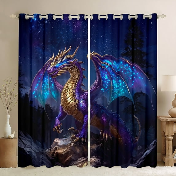Western Dragon Window Curtains 52"Wx63"L,Galaxy Starry Sky 30%-50% Blackout Curtains Teen Men Magical Dragon Curtains & Drapes Fantasy Animal Window Treatments 2 Panels