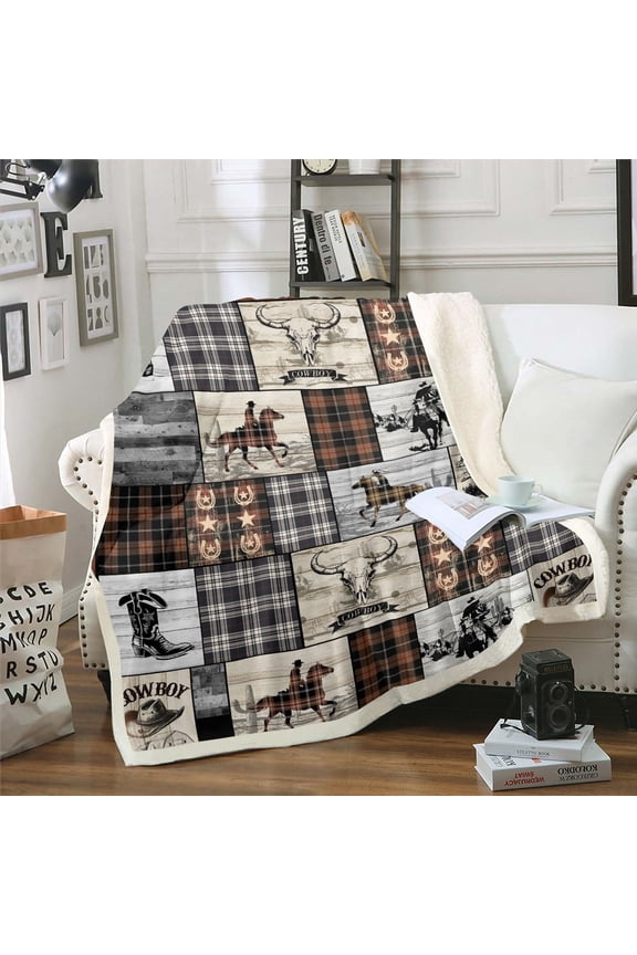Western Fleece Throw Blanket 30"X40" Cowboy Sherpa Blanket For Bed Couch Horse Cow Print Throw Blanket Men Country Farmhouse Buffalo Plaid Check Decor Brown Black Grey