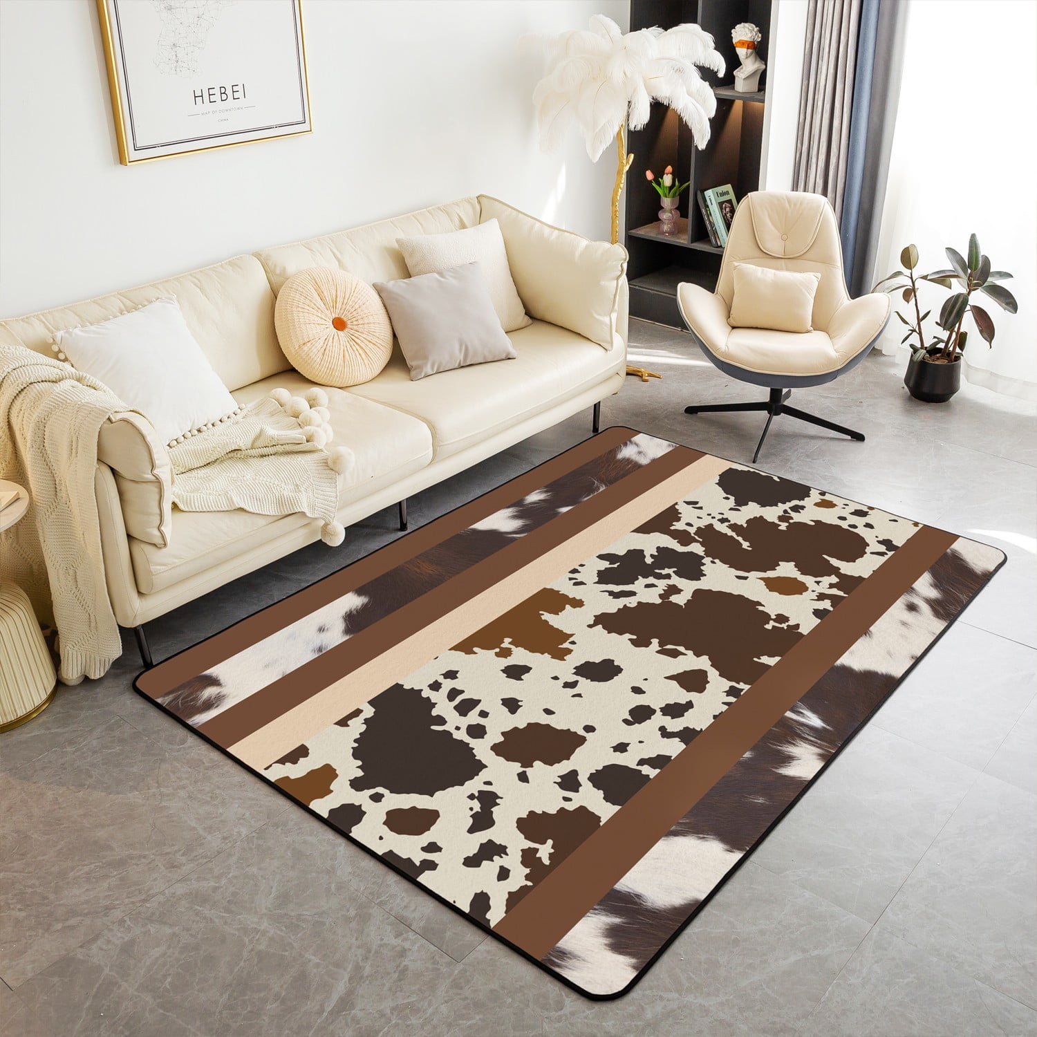 YST Western Non Slip Washable Carpet For Bedsides,Brown Cowhide Rug Cow