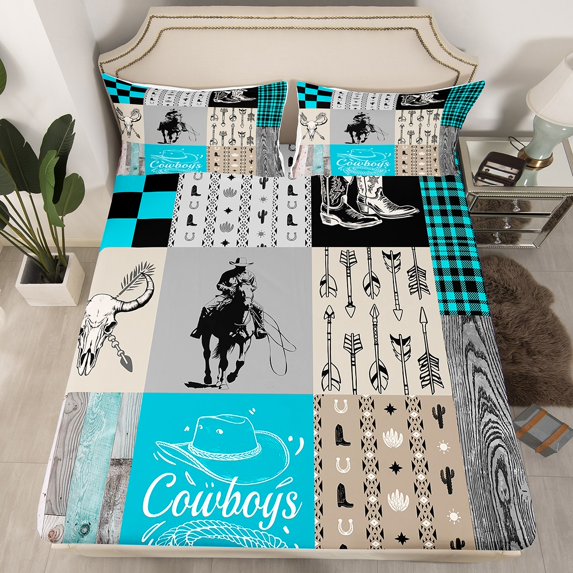 Erosebridal Western Queen Size Bed Sheets Men Cowboy Bull Horse Bedding Set Country Farmhouse Fitted Sheet Boho Arrow Aztec Sheets Teal Blue Rustic Buffalo Plaid Decor